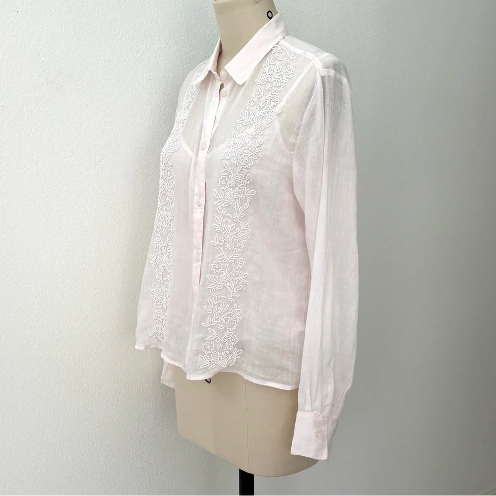 J Crew Collection Beaded Button-Up Shirt NWT Pastel Pink Ramie Luxury 10